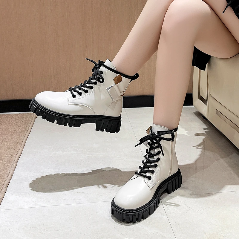 LazySeal Platform Ankle Boots Women Shoes Zipper Cross-tied Square 4.5cm Heel Round Toe Ankle Boots For Women Ladies Shoes
