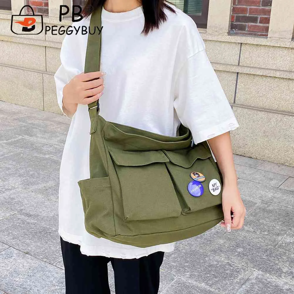 Soft Canvas Messenger Bag Large Capacity Shoulder Handbags with Pin Badges Retro Crossbody Bag