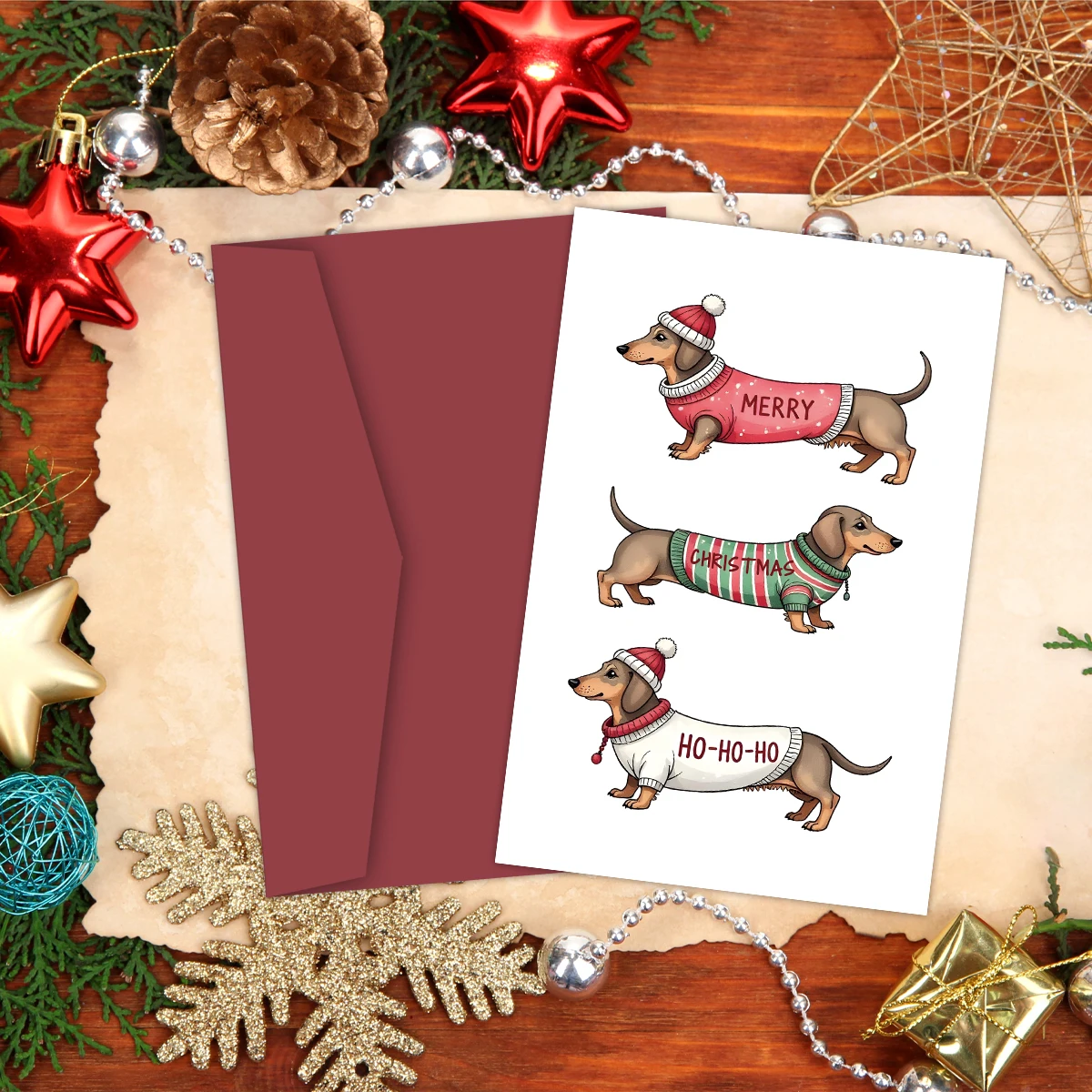 Lustige Dackel-Weihnachtsgrußkarte mit Umschlag, fröhliche Weihnachtskarten, perfekt für Hundeliebhaber, Haustierbesitzer, Weihnachtsgeschenkkarten – Detail 6