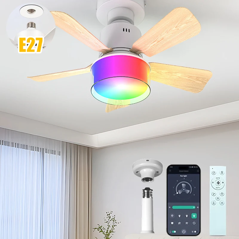 Fan Light with Remote and APP Control RGB Dimmable LED E27 Socket Ceiling Fan Modern Simple for Bedroom Kitchen Room Lighting