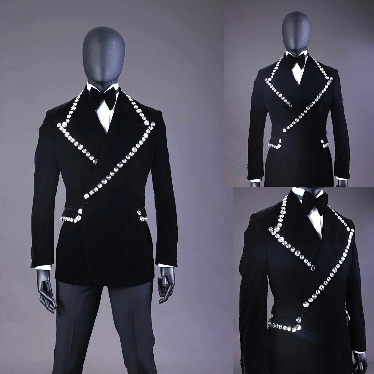Luxury Crystal Mens Wedding Tuxedos Slim Fit Gorgeous Tailored Beading Peaked Lapel Jacket One Piece Male Costume Coat