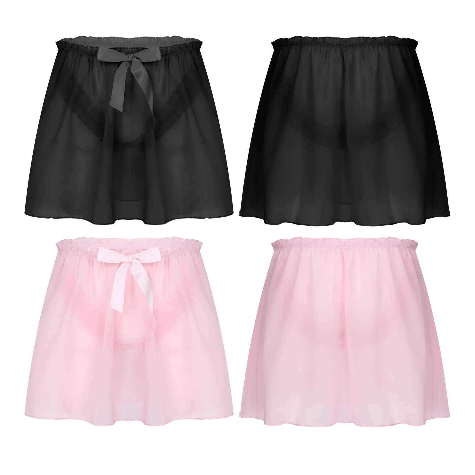 

Soft Chiffon Skirt For Man Semi-see Through Frilly Skirts Bowknot Decor Elastic Waistband Miniskirt Men Sissy Gay Sexy Skirt