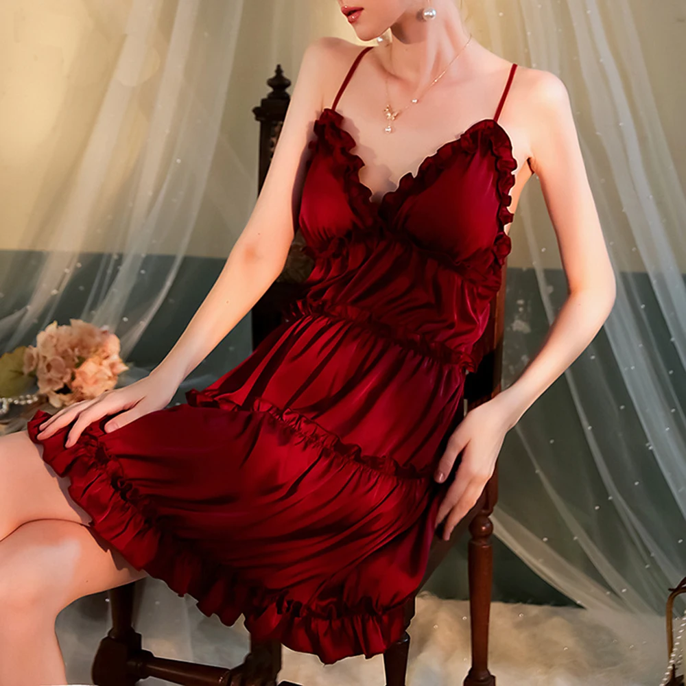 Women Satin Ruffled Nightgown Spaghetti Straps Silk Nightdress Cross Straps Slip Dress Nightwear Sleepwear Camisole Night Gown