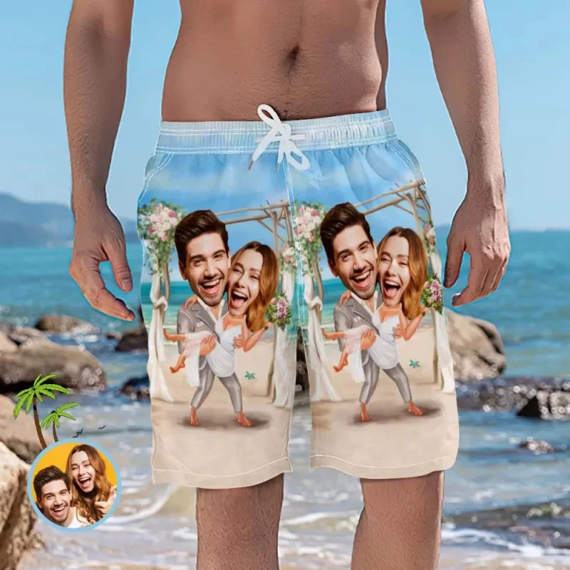 Custom Couple Face Beach Shorts Romantic Wedding Short Pants Funny Pineapple Shorts Comfortable Swim Trunks Best Wedding Gift 5