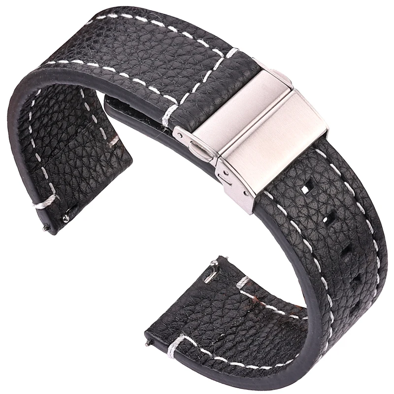 Elegant Soft Leather Watchband in Brown & Black with Deployment Clasp
