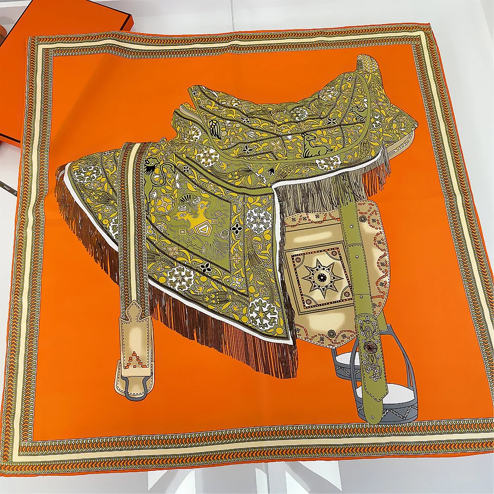 Manual Hand Rolled Twill Silk Scarf Women Saddle Design Square Scarves Echarpes Foulards Femme Wrap Bandana Hijab 90CM 2