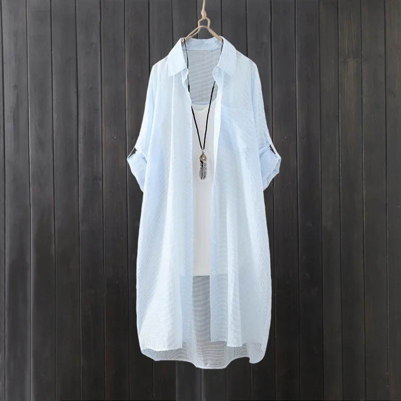 Summer Shirt Mid-length Vermicelli Striped Top Loose and Fashionable Cardigan Sunscreen Thin Jacket 4