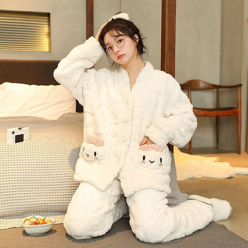 2024 New Coral Velvet Pajamas Women Winter Plus Fleece Thick Sleepwear Leisure Cardigan Sweet Lovely Nightwear Autumn Homewear