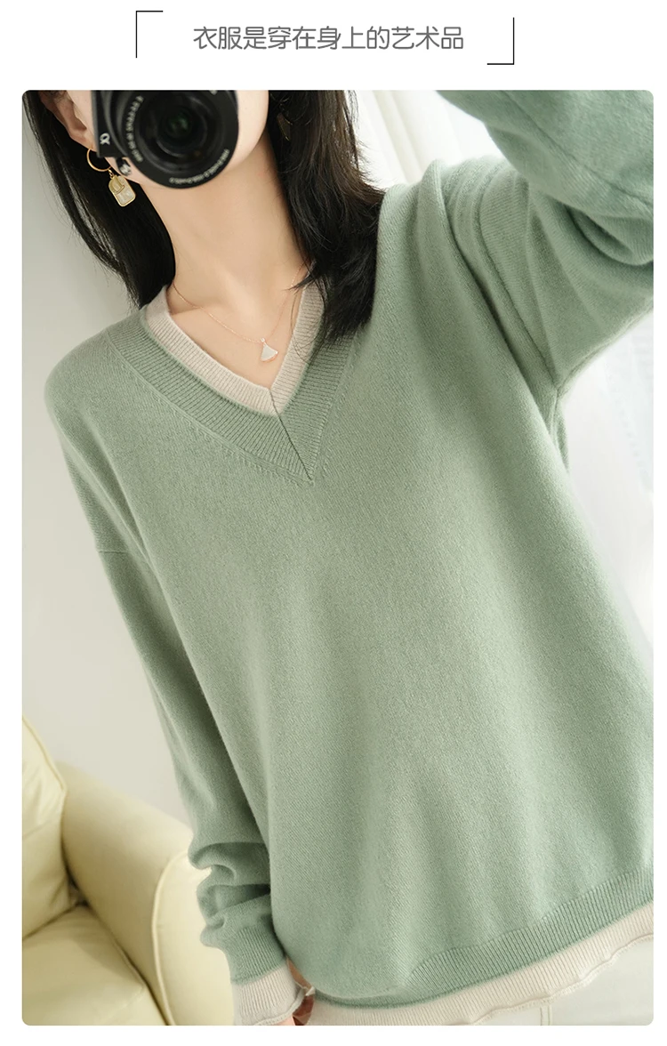 sweater for women 2022 Spring and Autumn New Cashmere Sweater Ladies V-neck Pullover Sweater Casual Loose Version Wool Knit Sweater green sweater