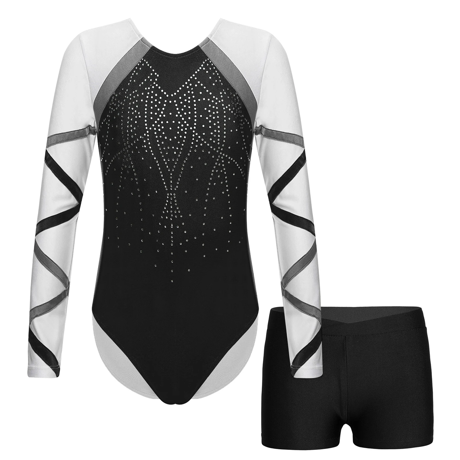 Kids Girls Ballet Gymnastics Outfit Rhinestones Rhythmic Gymnastic Leotard Bodysuit with Shorts Teens Stage Performance Clothes