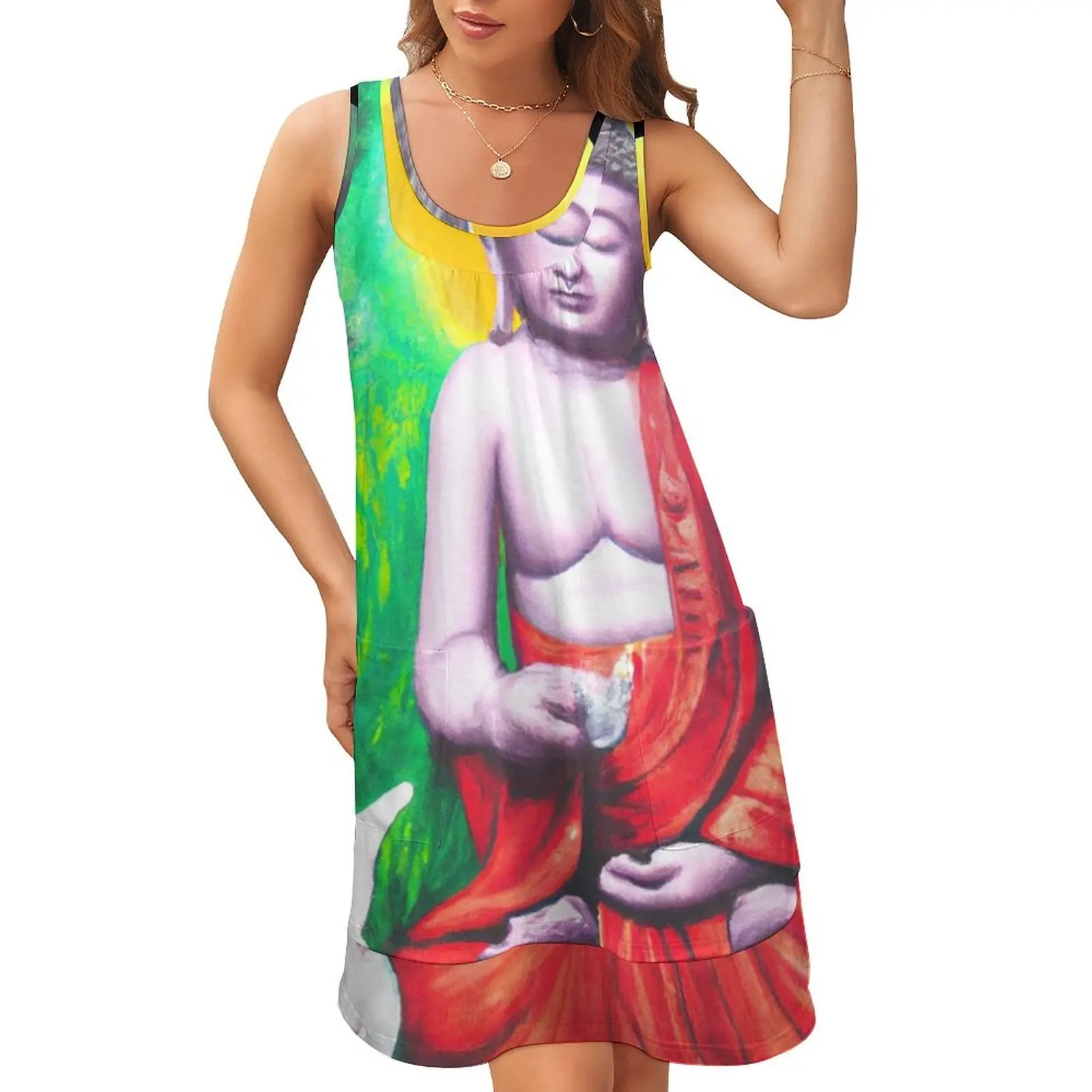 

Buddha Meditating With A White Rabbit Sleeveless U-Neck Fake Two Piece Dress summer dresses evening dresses women
