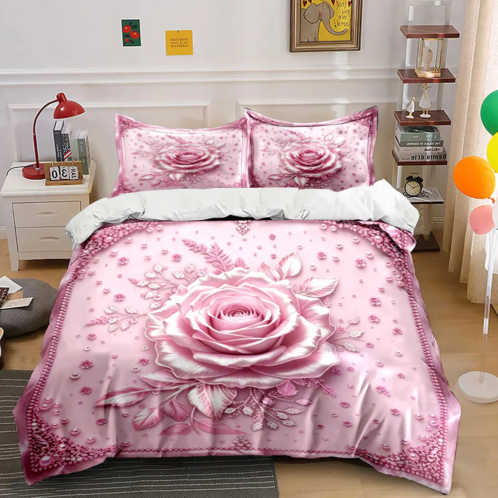 3D Pink Rose Embossed Bedding Set 3PCS Pearl Floral Print Duvet Cover with Pillowcases Luxury Romantic Style for Bedroom, Gift 4