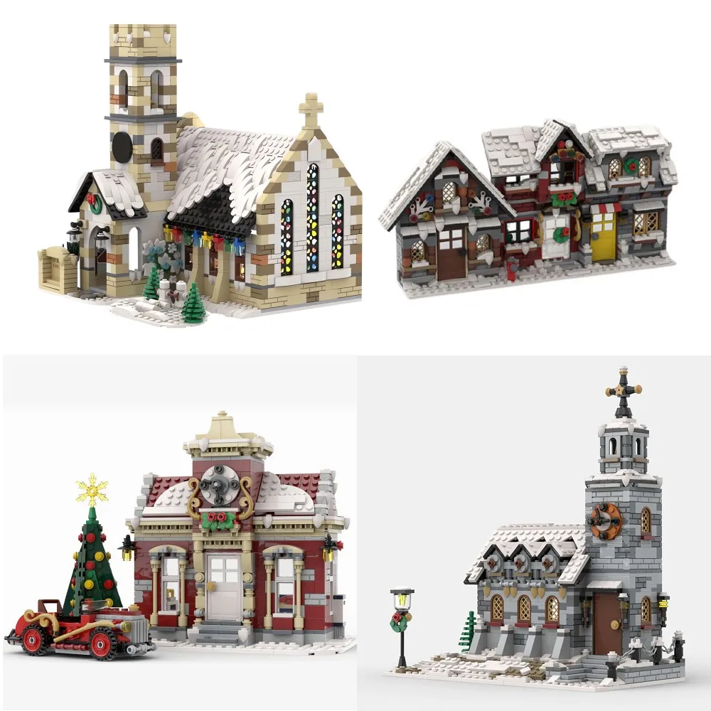 Moc Winter Country Church Winter Town Hall Building Blocks Set House Christmas Architecture Bricks Toy Kids Birthday Xmas Gift