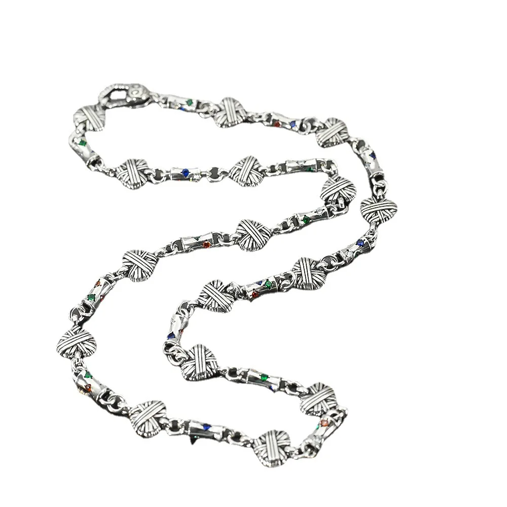 Retro heart -shaped inlaid color galfly round barrel splicing necklace