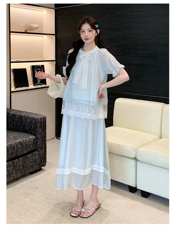 임산부 의류 2026년 여름 블루 레이스 리본 퍼프 소매 블라우스와 맥시 스커트 임산부를 위한 부드럽고 우아한 분위기
