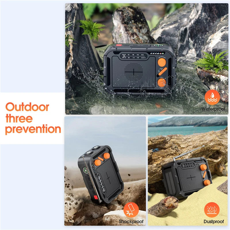 Hand Crank Solar Power Bank DC 5.0 Type C Input for iPhone 16 15 Samsung Powerbank with FM/AM Radio Flashlight Portable Charger 2