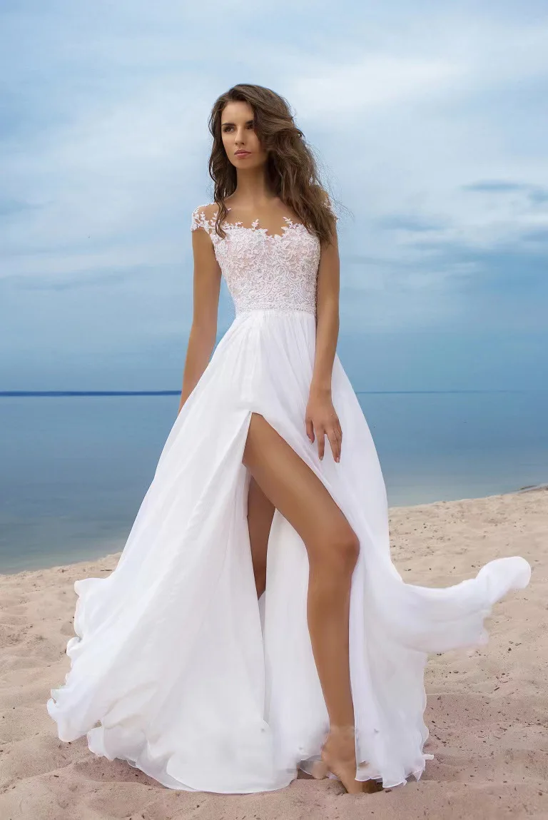 

White Top Illusion Tulle Chiffon Boho Wedding Dress A Line Bride Gowns 2023 Open Back Lace Up Cap Sleeve Beach vestidos de novia