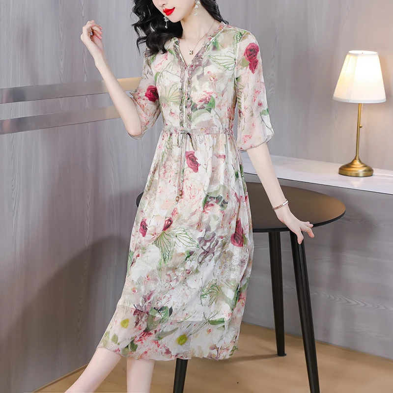 

2023 New Fashion Silk Dress Women's Summer Vintage Print Knee Length Dress French Loose Fit Holiday Dress Vestidos