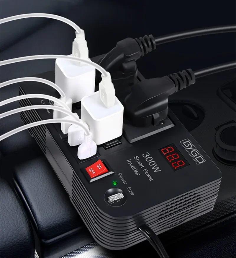 BYGD 차량용 인버터, USB 고속 충전 범용 소켓 전원 어댑터 인버터, DC 12V-AC 220V 컨버터 콘센트 4 개, 300W