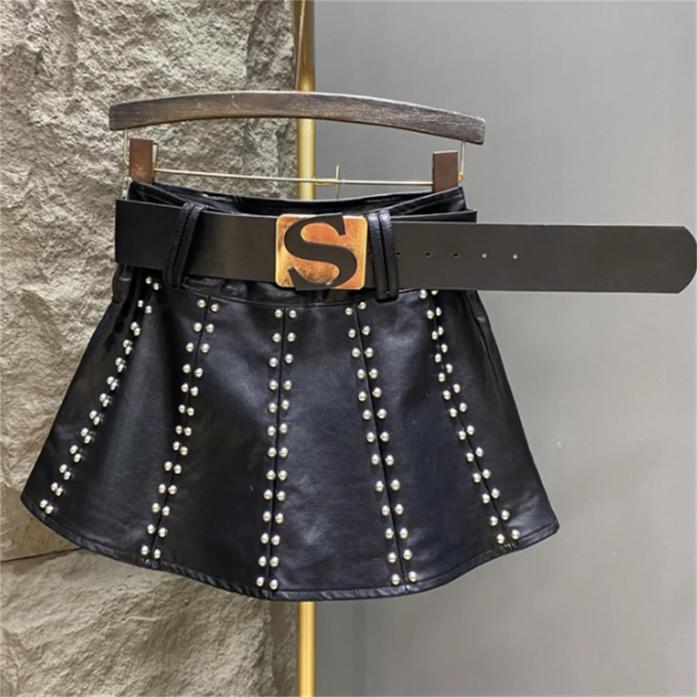 

Женская юбка-трапеция из ПУ кожи, с заклепками и высокой талией, весна-осень 2023