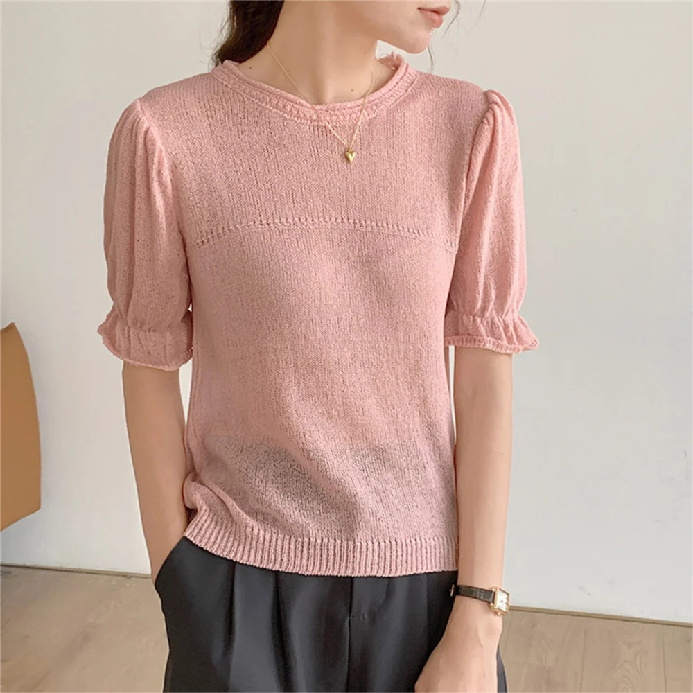 

Alien Kitty Summer Minimalist Tees Solid Casual Women 2023 Knitwear Pullovers Thin Sweet Fashion Slim Short Puff Sleeve T-Shirts