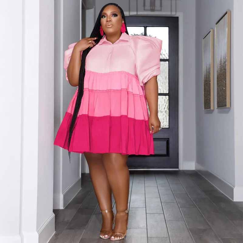 Plus Size Loose Evening Dress Patchwork Puff Sleeve Women Party Dress Female Designer Fashion Outfit 2023 Spring Luxury Robe