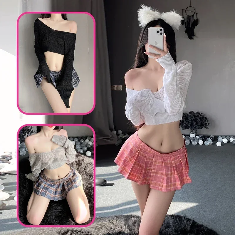 

Sexy Lingerie School Girl Dress Sweater Top Skirt Suit Exotic Costume Kawaii Campus JK Uniform Night Club Performance Wear Women