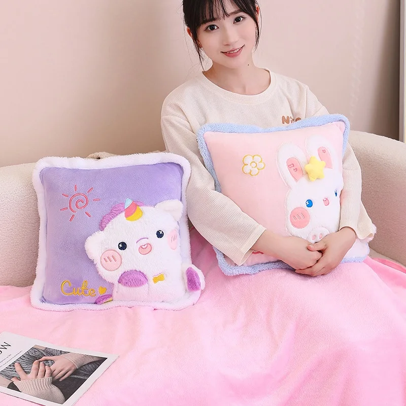 Cute Cartoon Plush Pillow+Carpet 2 In 1 Soft Stuffed Office Homdecor Sleeping blanket Cushion 5