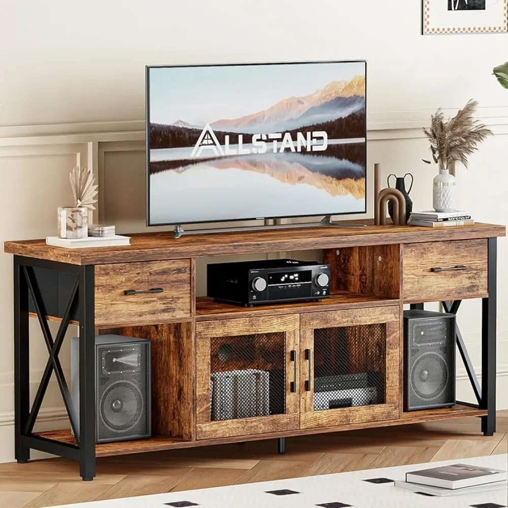 

Industrial Gaming Console Table With Shelf for Living Room Entertainment Center With Fabric Drawers & Cabinets Tv Furniture Home