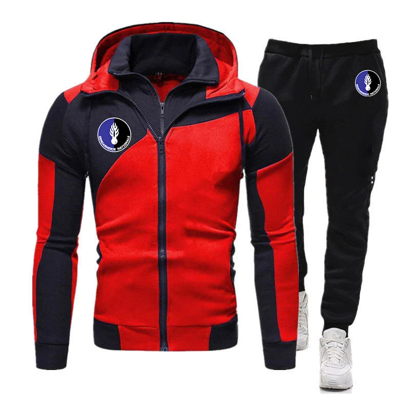 

French Gendarmerie PSIG 2023 Motorcycle Men Spring Autumn Diagonal Zip Design Hoodie Sweatshirt+Pants Pullover Sportswear Suit