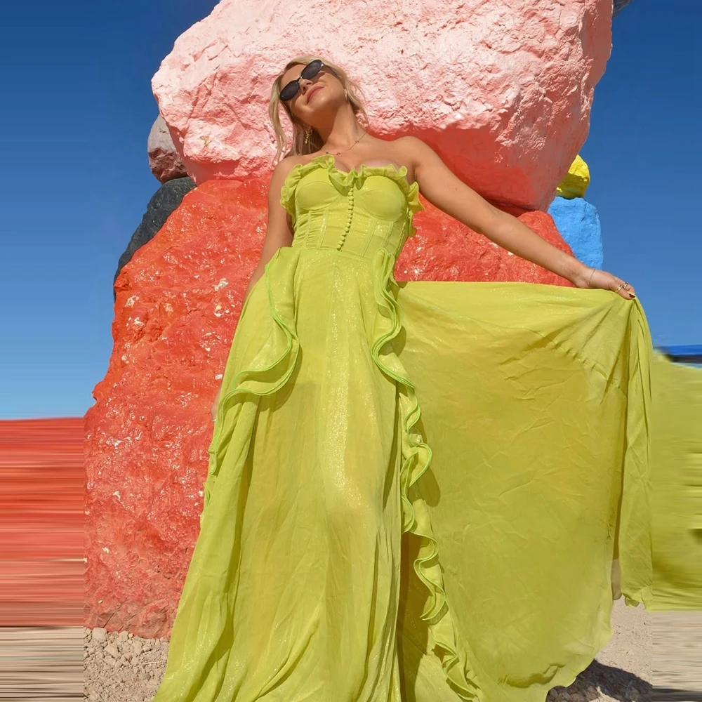 Pretty Ruffle Mesh Long Maxi Dress Elegant Strapless Design Flowy Tulle ...