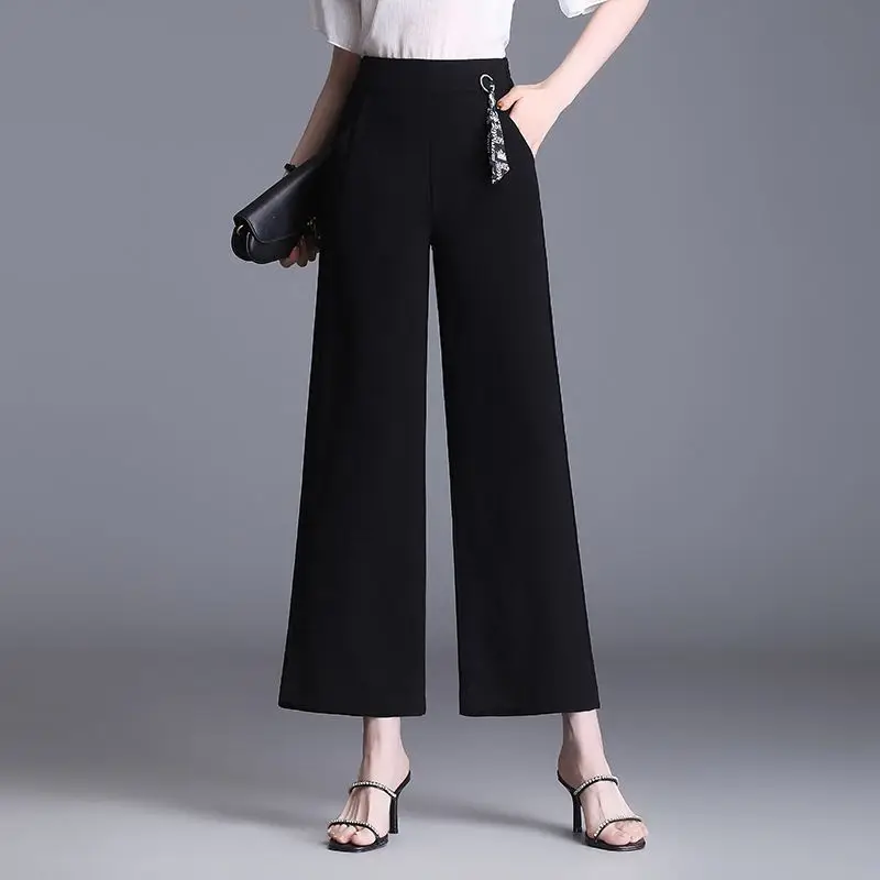 Women's Print Mesh Patchwork Elegant Chic Thin Wide Leg Pants 2023 Summer Black High Waist Loose Office Lady Trousers Pantalones