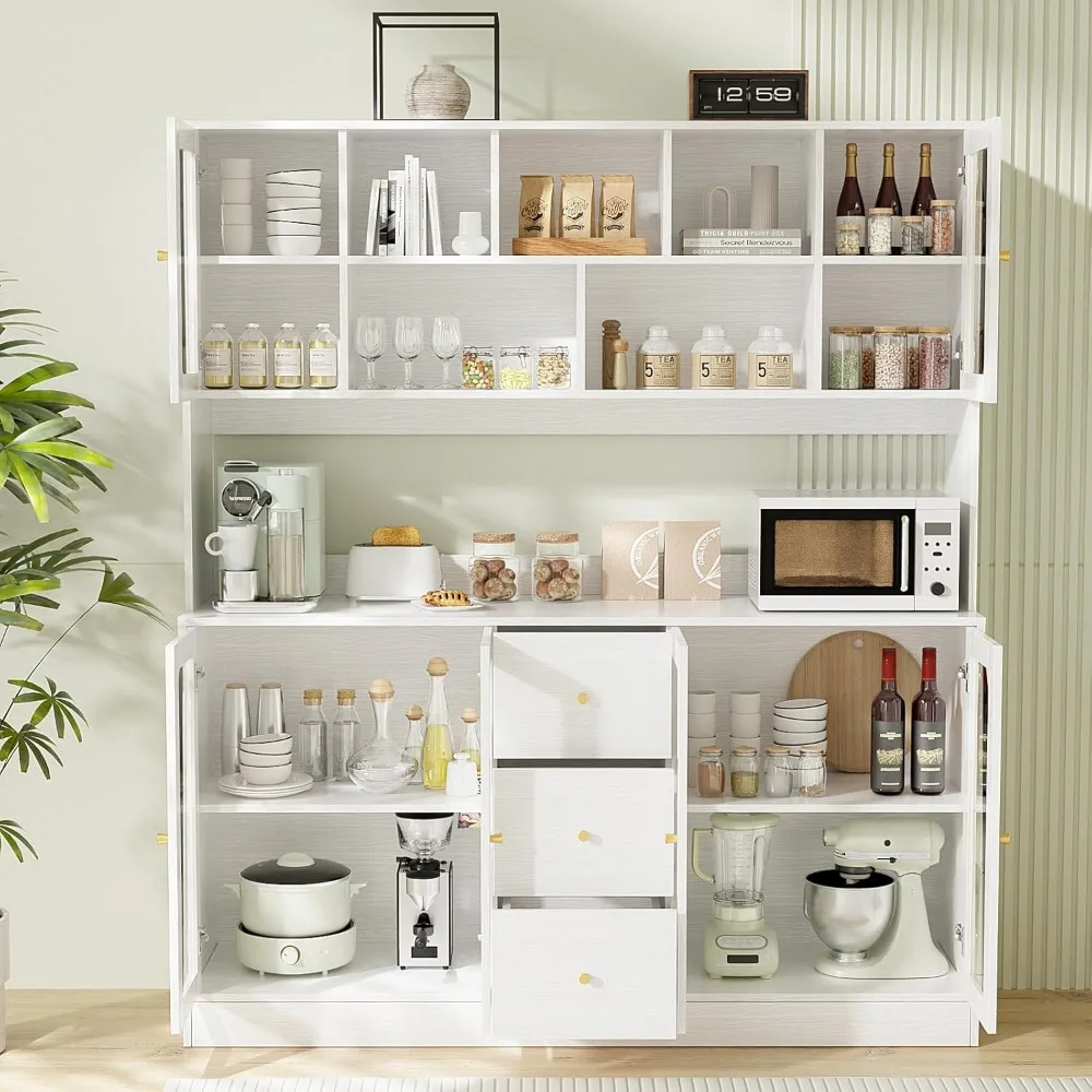 Large Kitchen Hutch Cabinet, Kitchen Pantry Storage Cabinet with 6 Glass Doors, 3 Drawers,Microwave Shelf, Freestanding Cupboard 3
