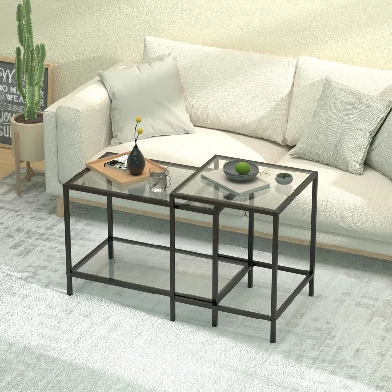 Nesting Coffee Table,Small Glass Coffee Table Set of 2, Modern Square Sofa Side Tea Table Black，Gold 6