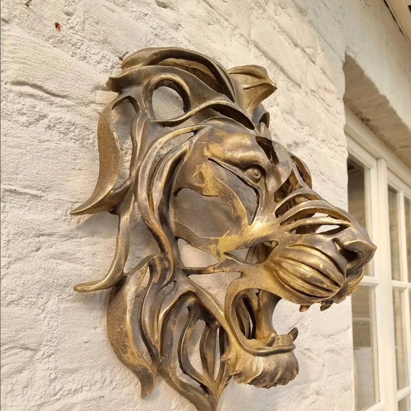 28cm Large Lion Head Wall Mounted Art Sculpture Gold Resin Lion Head