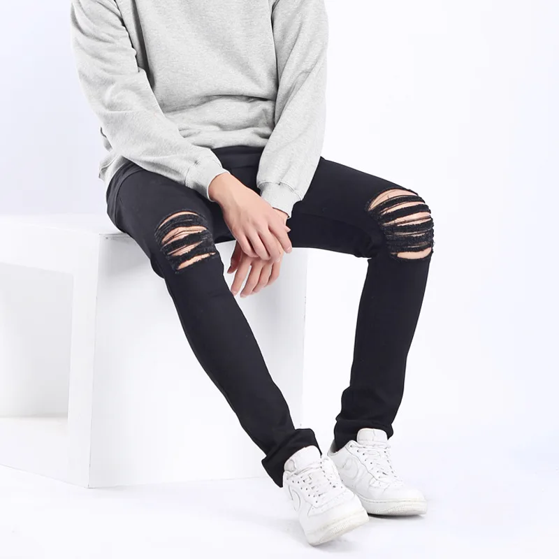 New Black Jeans Men Knee Ripped Hole Denim Pants Kpop Trendy High Street Slim Stretch Skinny Male Frayed Trousers Streetwear