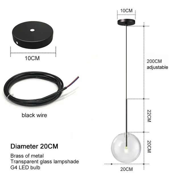 Nordic Modern Pendant Lamp Fixture Clear Glass Lampshade Bedroom Hanging Lights Dining Restaurant Decor Suspension Lustre All black 20CM