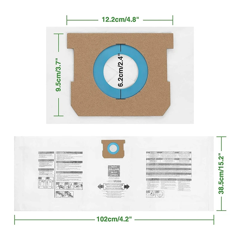 10 Pack VF2005 Collection Filter Bags For Shop-Vac 9066200 10-14 Gallon Type F + Type I, Replace Part 90662 And 90672