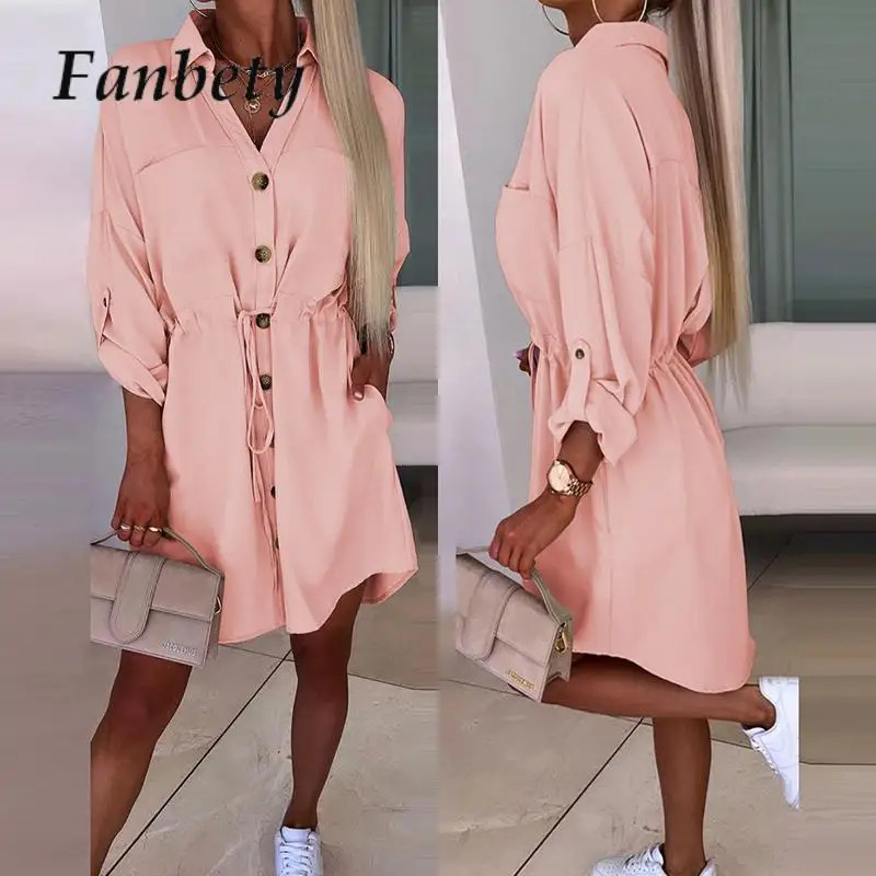 

Autumn Long Sleeve Solid Party Maxi Dress New Spring Turn-down Collar Midi Shirt Dress Women Single Breasted Tie-Up Pocket Dress