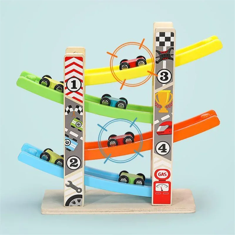 4/7 Track Wooden Ramp Racing Toddler Toy Car Set Montessori Educational Toy Game Mini Inertia Slide Roller Coaster Racing 3