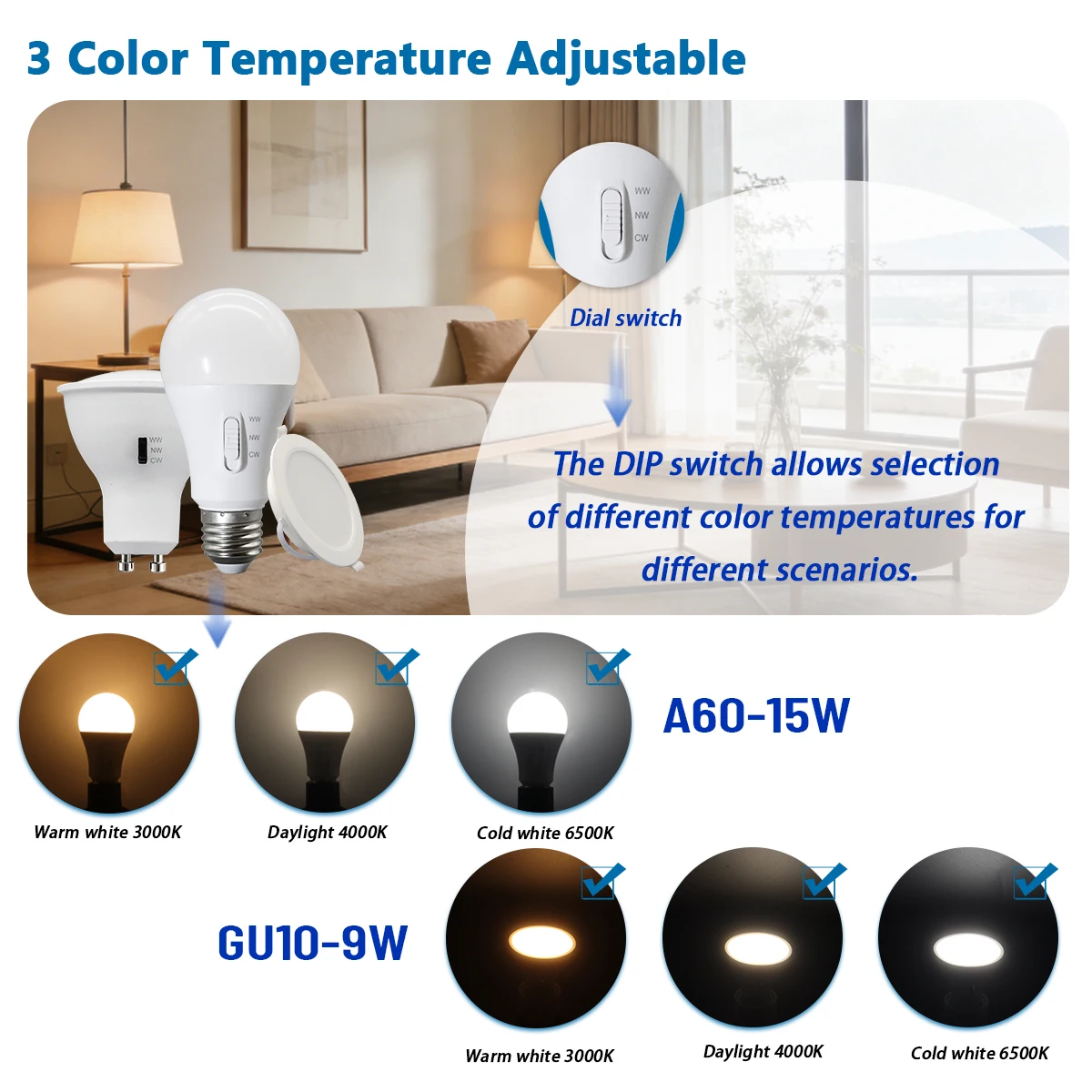 หลอดไฟ LED แบบปรับเปลี่ยนสีได้ 6W 9W 10W 14W 17W 20W 24W พร้อมสวิตช์ปรับ CCT ขั้ว GU10 E27 สำหรับติดตั้งแบบดาวน์ไลท์ 3 สี เหมาะสำหรับใช้ในบ้าน โถงทางเข้า และตกแต่งภายใน 1