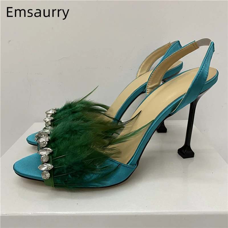 Zapatos de banquete de plumas para mujer, sandalias de satén con de imitación, tacón alto, Sexy, Punta abierta, con tiras, de - AliExpress Calzado
