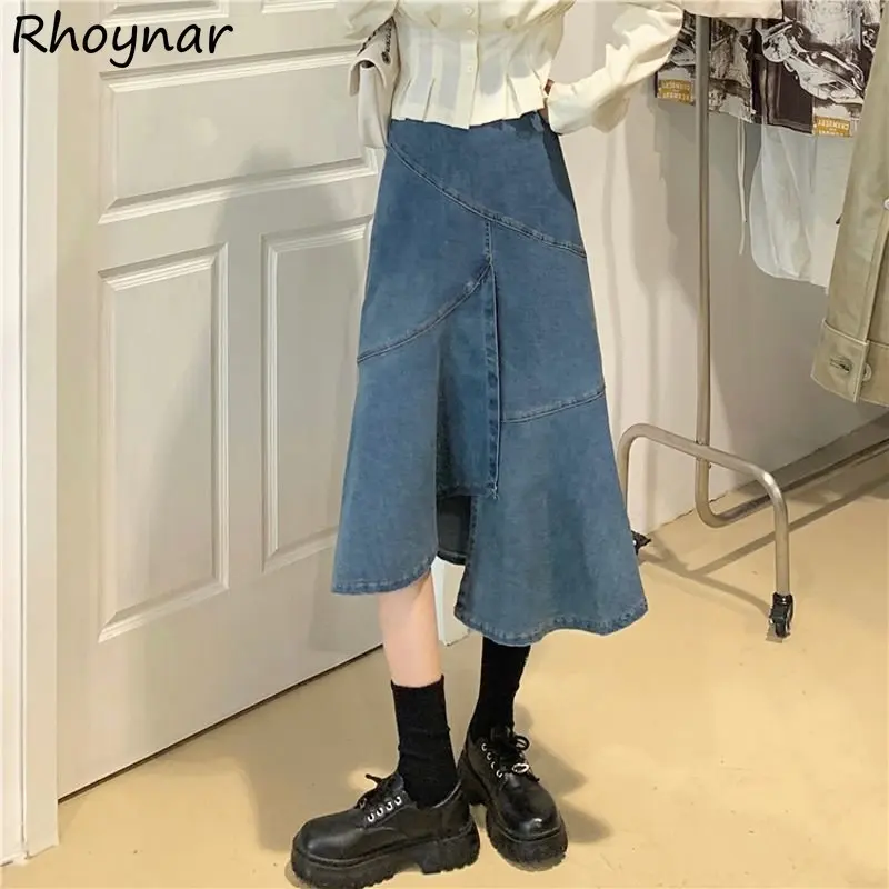 

Irregular Denim Midi Skirts Women Clothing Vintage High Waisted Korean Streetwear Trendy Washed All-match Faldas Chic Y2k Temper