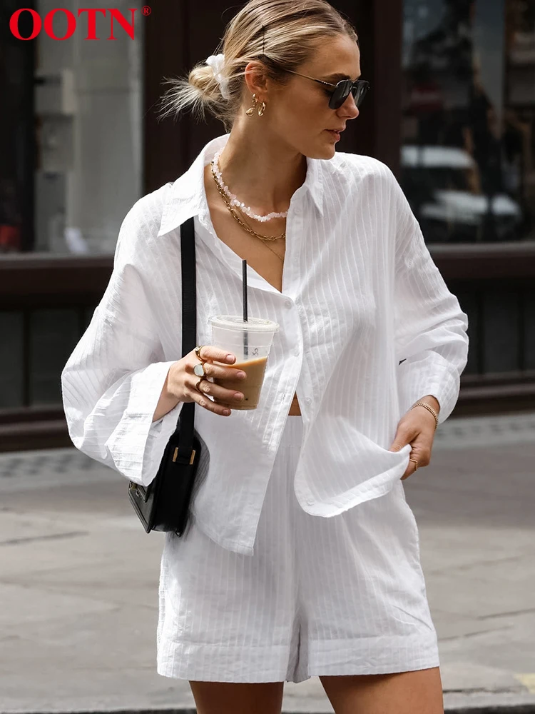 

OOTN Loose Women Suits White Turn Down Collar Long Sleeve Tops 2024 Summer Cotton Female Outfits Fashion High Waist Shorts