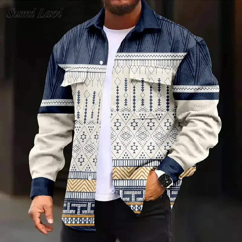 

Mens Cargo Shirt Coats 2023 Spring Autumn Long Sleeve New Casual Jackets Men Vintage Pattern Print Oversize