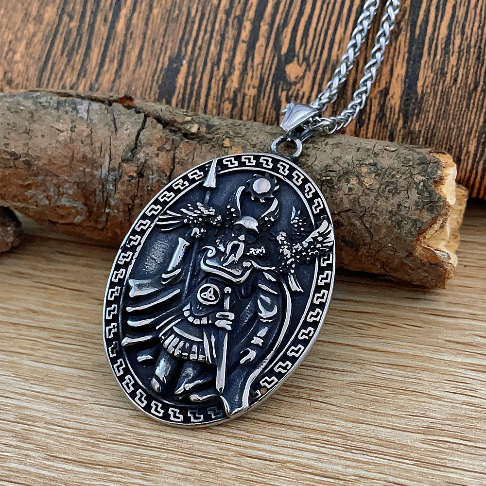 Nordic Viking Warrior Pendant Necklace Stainless Steel Vintage Odin Huginn and Muninn Crow
