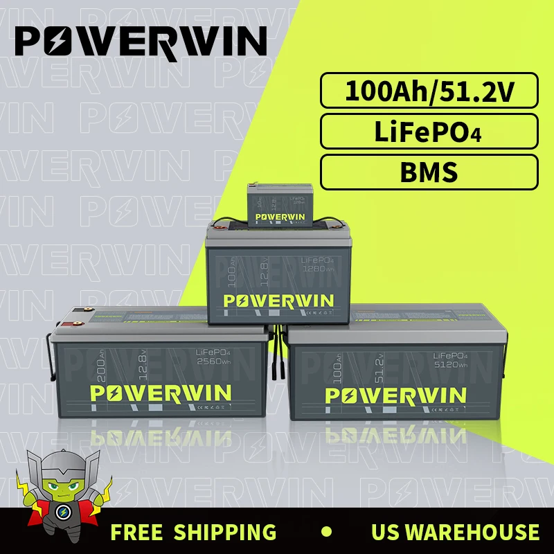 

POWERWIN 100Ah Built-in BMS Scooter motorcycle eBike Solar rechargeable LiFePO4 battery Durable 51.2V 5120Wh Deep Cycles BT5120