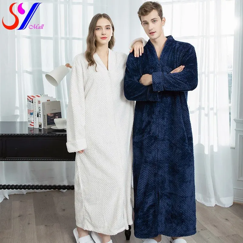 

Women Winter Large Size Zipper Long Thermal Bathrobe Men Warm Bath Robe Lovers Coral Velvett Gown Pregnant Robes