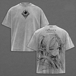 Vintage Washed Anime Frieren Graphic Men's Oversized Cotton T - Shirt - Summer Casual Short Sleeve Tee - S (Gray)