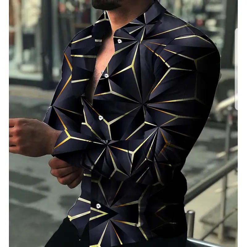 Men's Geometric Printed Shirt Long Sleeve Casual Lapel Outdoor Buttoned Regular Fit Top Fashionable Casual Comfort/Sports